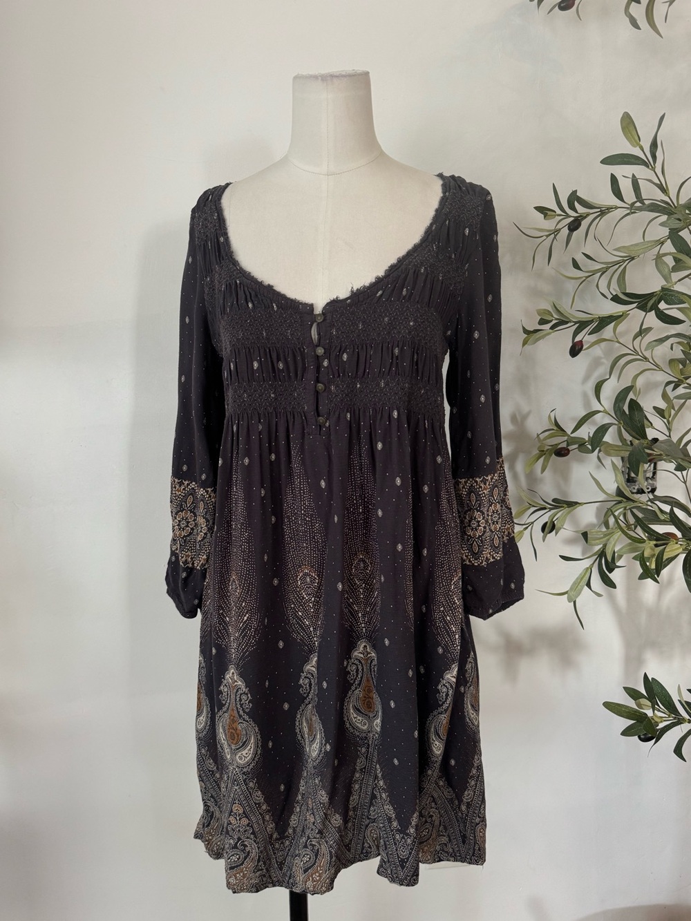American Eagle Outfitters Boho Paisley Smocked Mini Dress XS Black Peasant